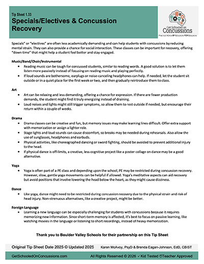 Thumbnail image of Specials/Electives and Concussion Recovery tip sheet